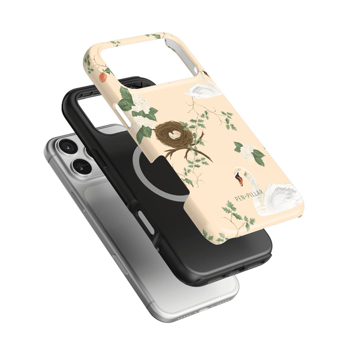 Swan Hollow iPhone case featuring a pastel design with swans, flowers, and a nest on a light background.