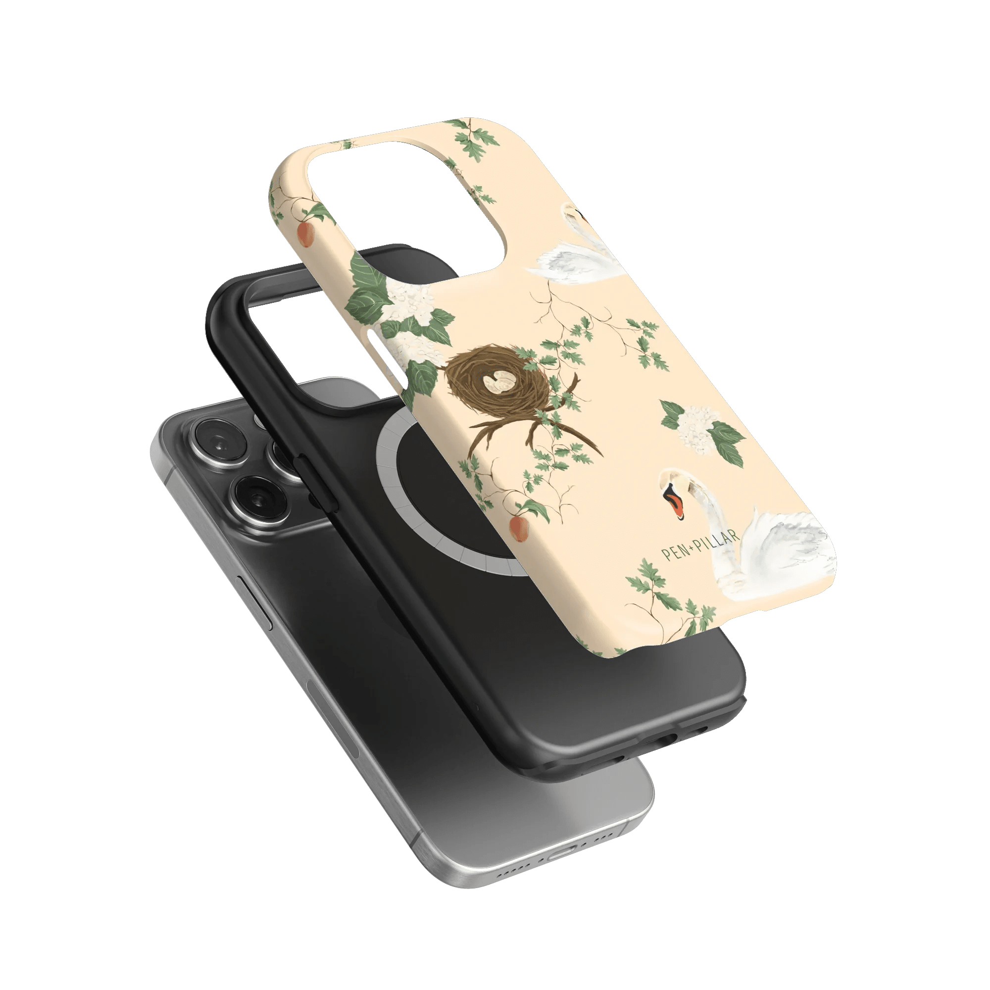 Swan Hollow iPhone case featuring floral designs in soft colors, stacked above a black phone case on a green background.