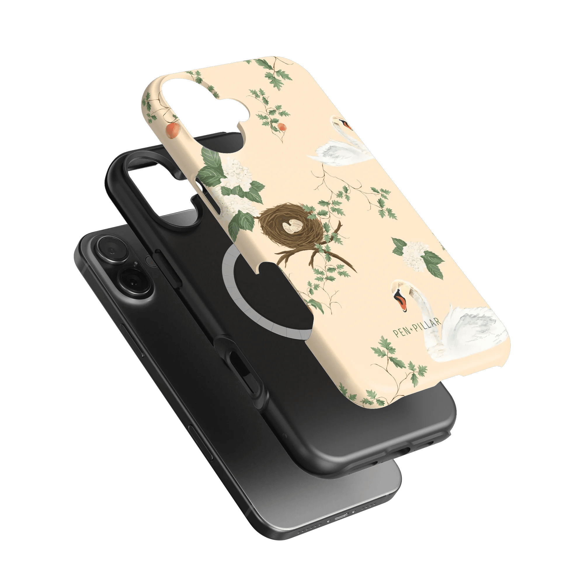 Swan Hollow iPhone case featuring a floral design with swans on a light background, shown layered over a black case.