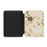 Swan Hollow Kindle case featuring swans, a nest, and floral designs on a light background with a black interior.