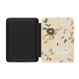 Swan Hollow Kindle case featuring swans, a nest, and floral designs on a light background with a black interior.