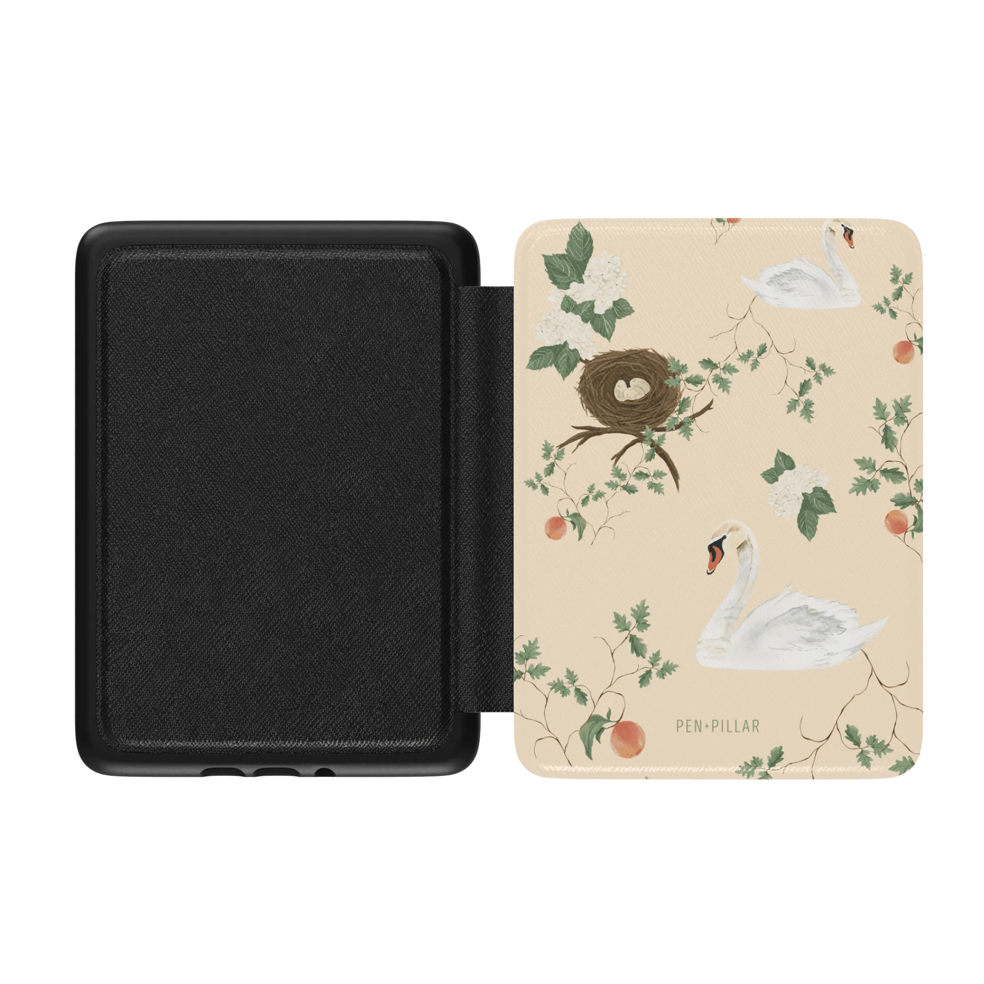 Swan Hollow Kindle case featuring swans, a nest, and floral designs on a light background with a black interior.