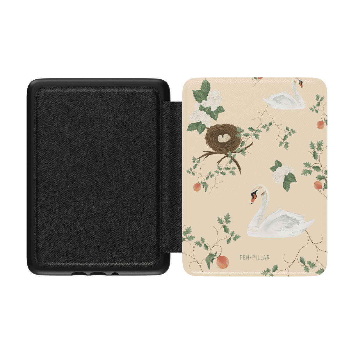 Swan Hollow Kindle case featuring swans, a nest, and floral designs on a light background with a black interior.