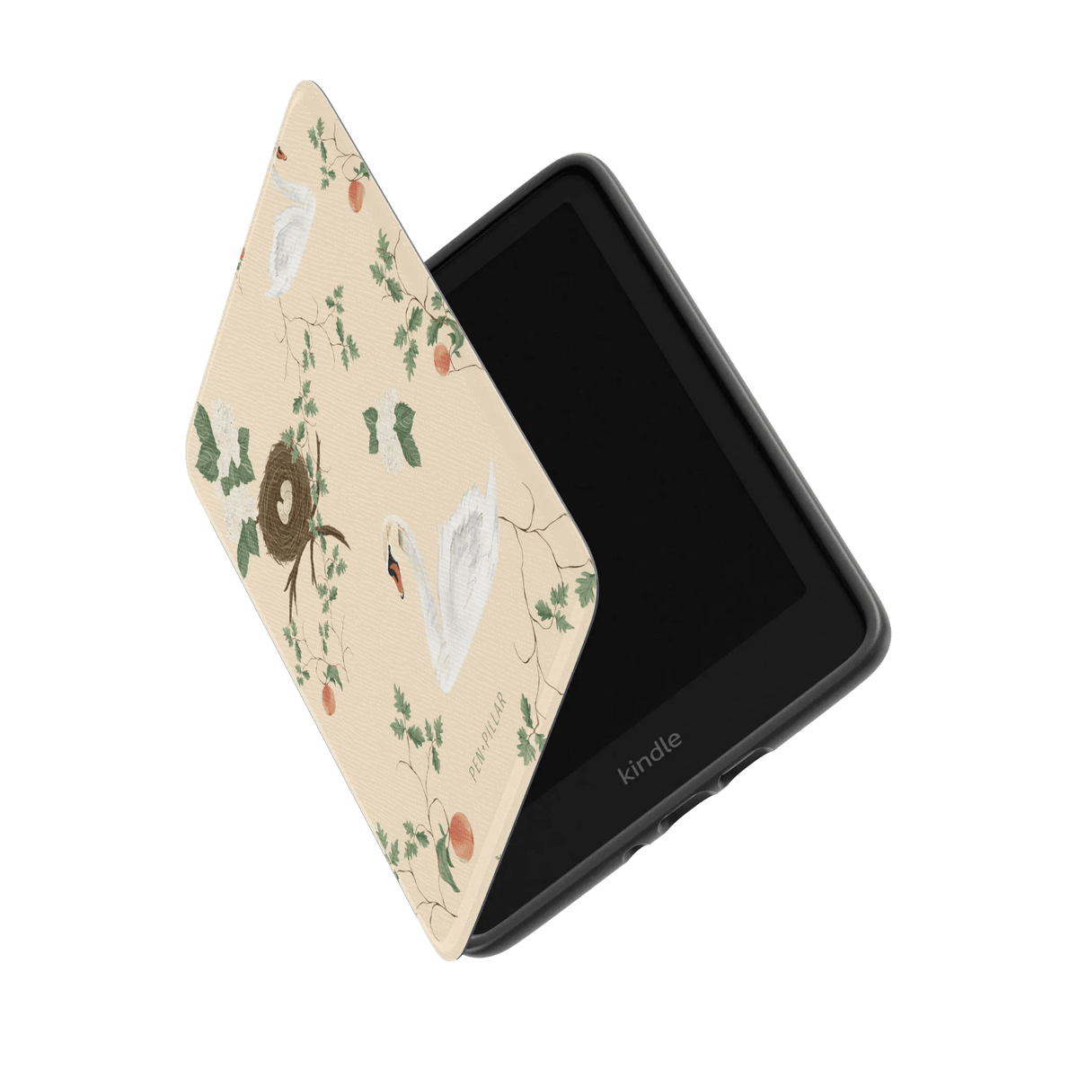 Swan Hollow Kindle case with a beige background, featuring swans and floral designs, partially open to reveal the screen.