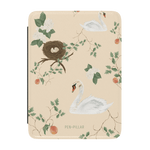 Swan Hollow Kindle case featuring swans, a nest, and floral designs on a beige background.