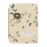 Swan Hollow Kindle case featuring swans, a nest, and floral designs on a beige background.