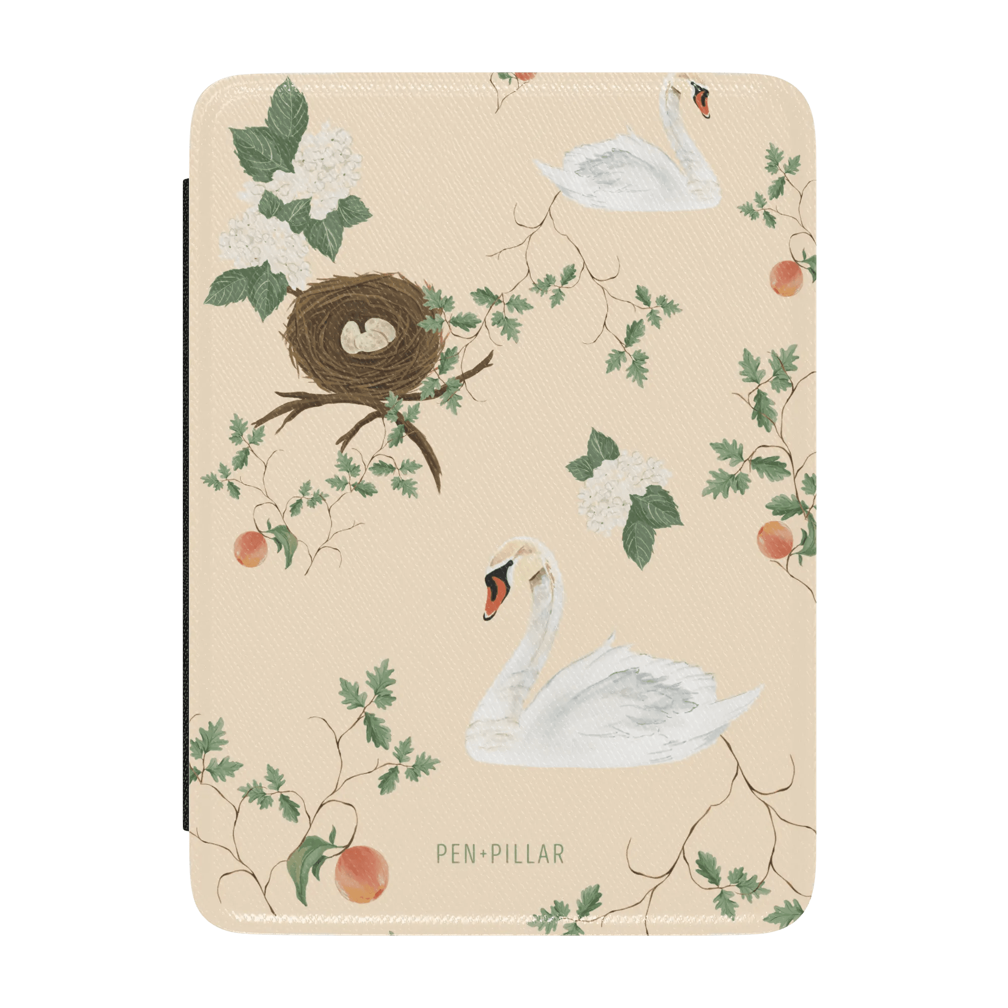 Swan Hollow Kindle case featuring swans, a nest, and floral designs on a beige background.