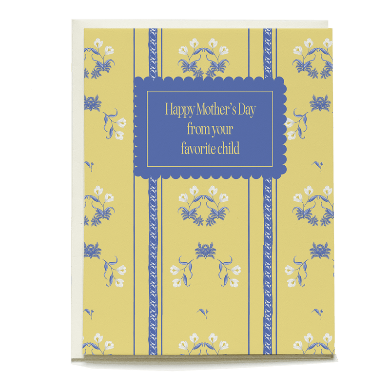 Tapestry Mother's Day card with a yellow floral pattern and blue text saying "Happy Mother’s Day from your favorite child.