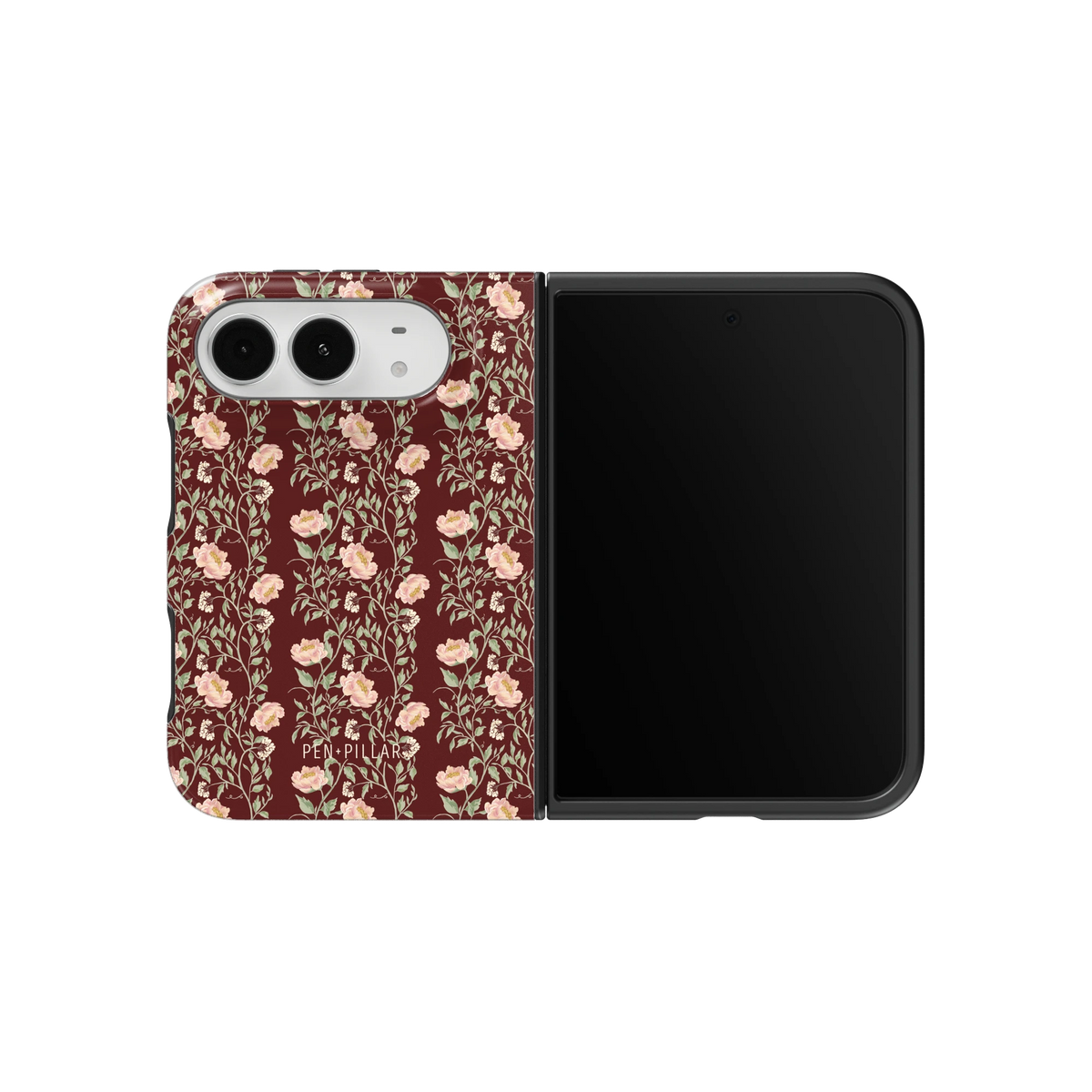 Thicket iPhone 18 Duo case on an unfolded iPhone 18 Duo, back and screen side by side: dense blush and cream florals on deep burgundy
