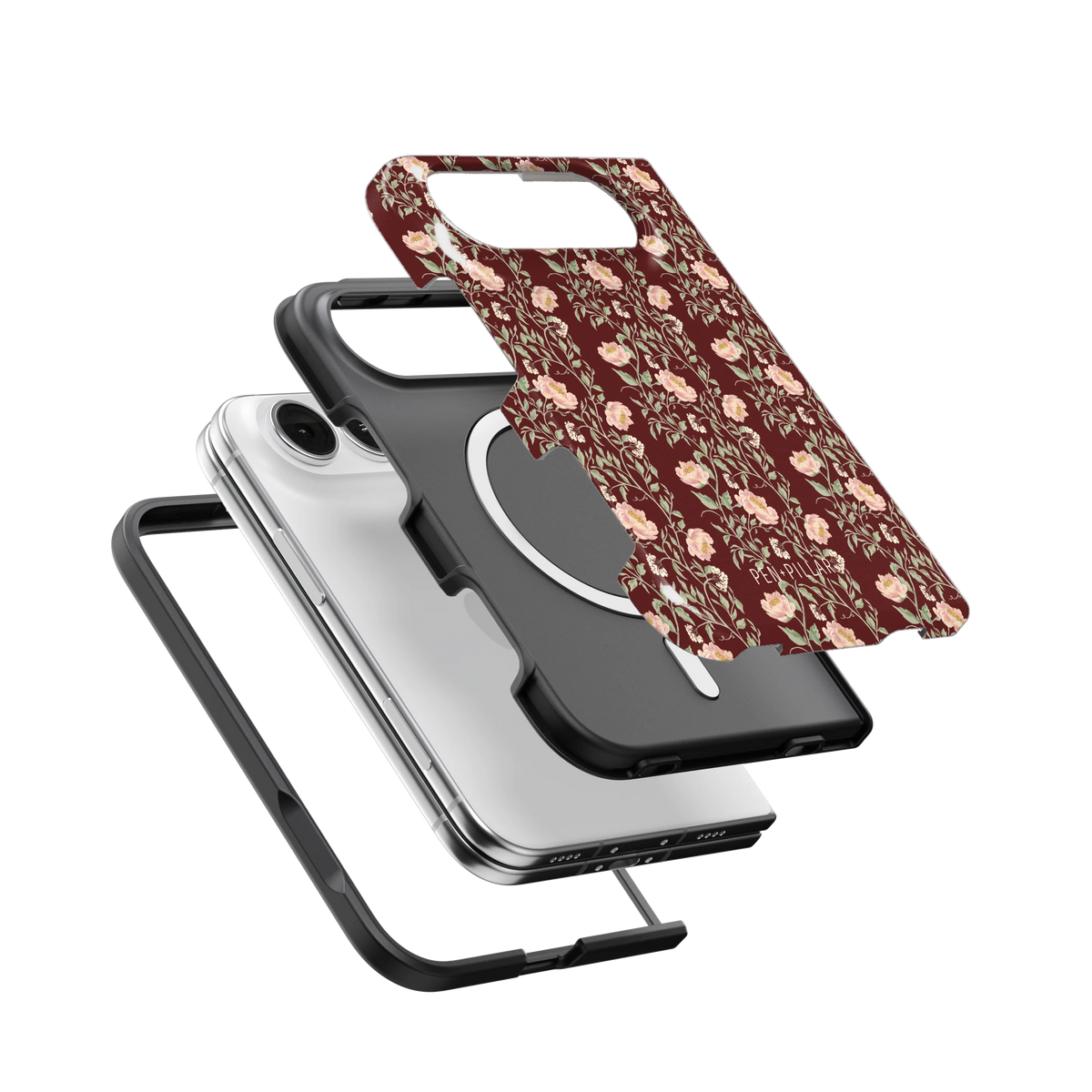 Thicket iPhone 18 Duo case, exploded view of the printed shell, black inner layer with MagSafe ring, and phone