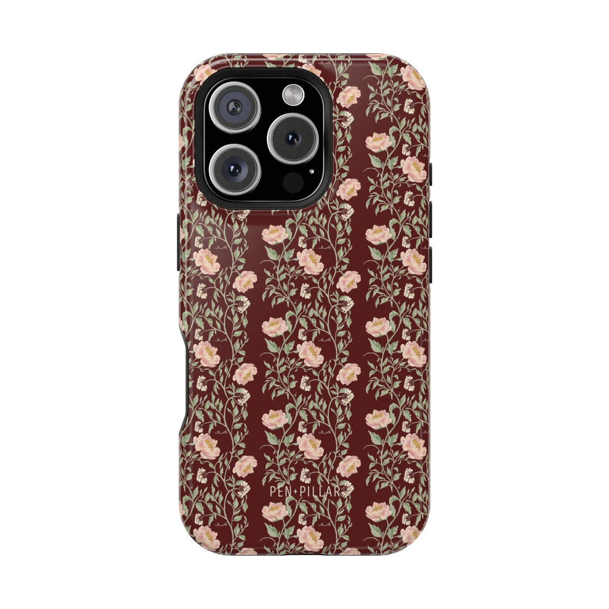 Thicket iPhone case featuring a floral pattern in shades of pink and burgundy with a glossy finish.