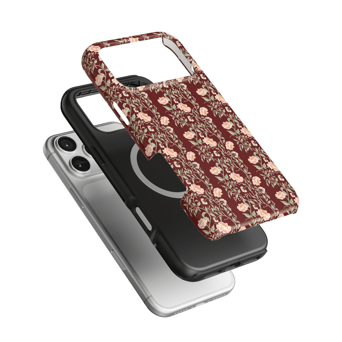 Thicket iPhone case featuring a floral design in burgundy and cream, layered over black and clear cases.