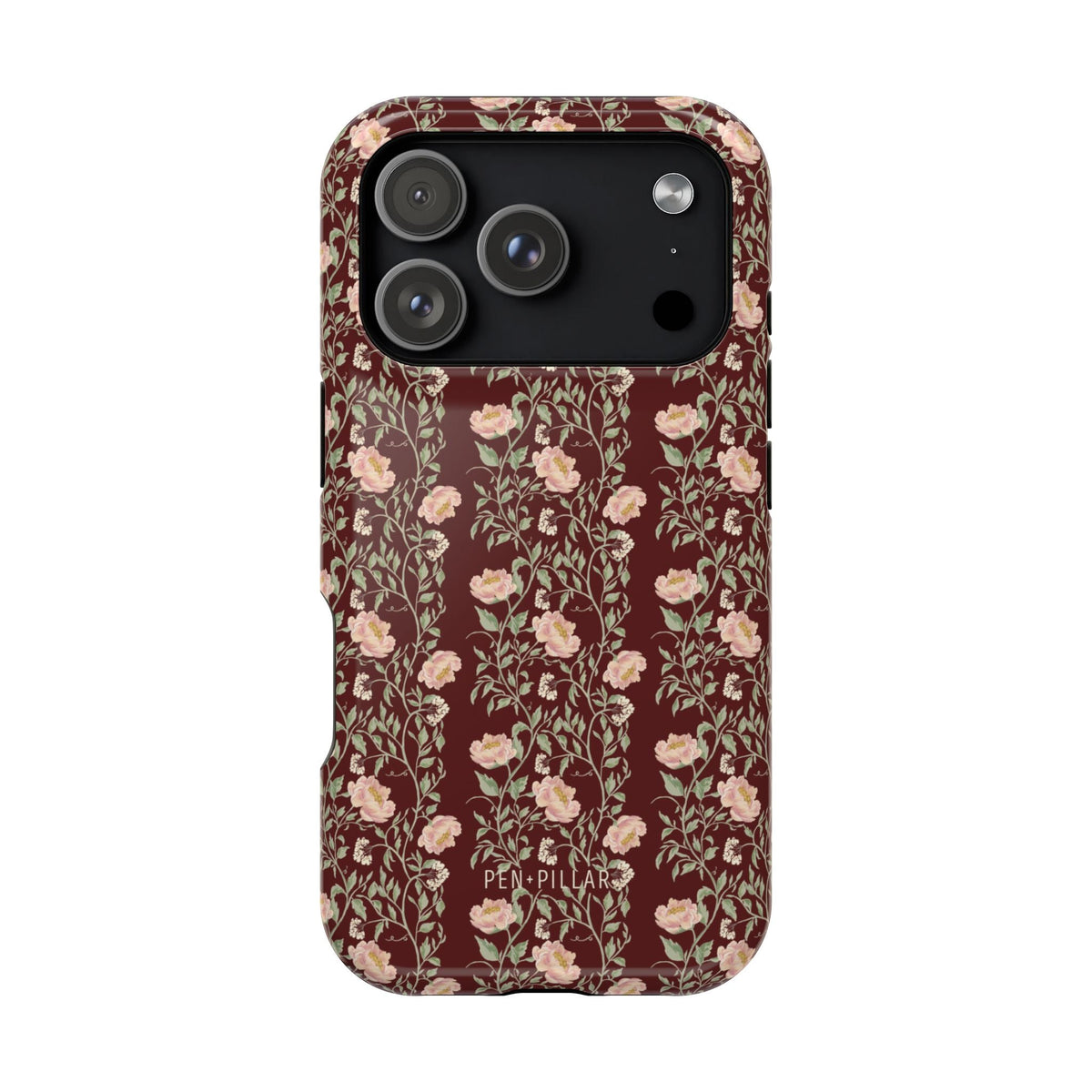 Thicket iPhone case featuring a floral pattern on a dark maroon background with a glossy finish.