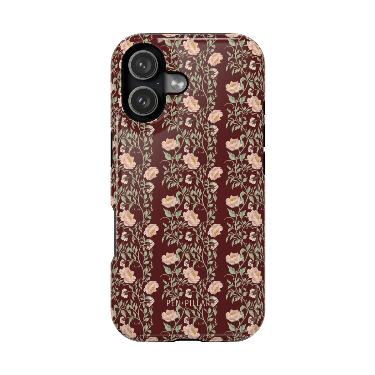 Thicket iPhone case featuring a floral pattern in shades of pink on a dark red background.
