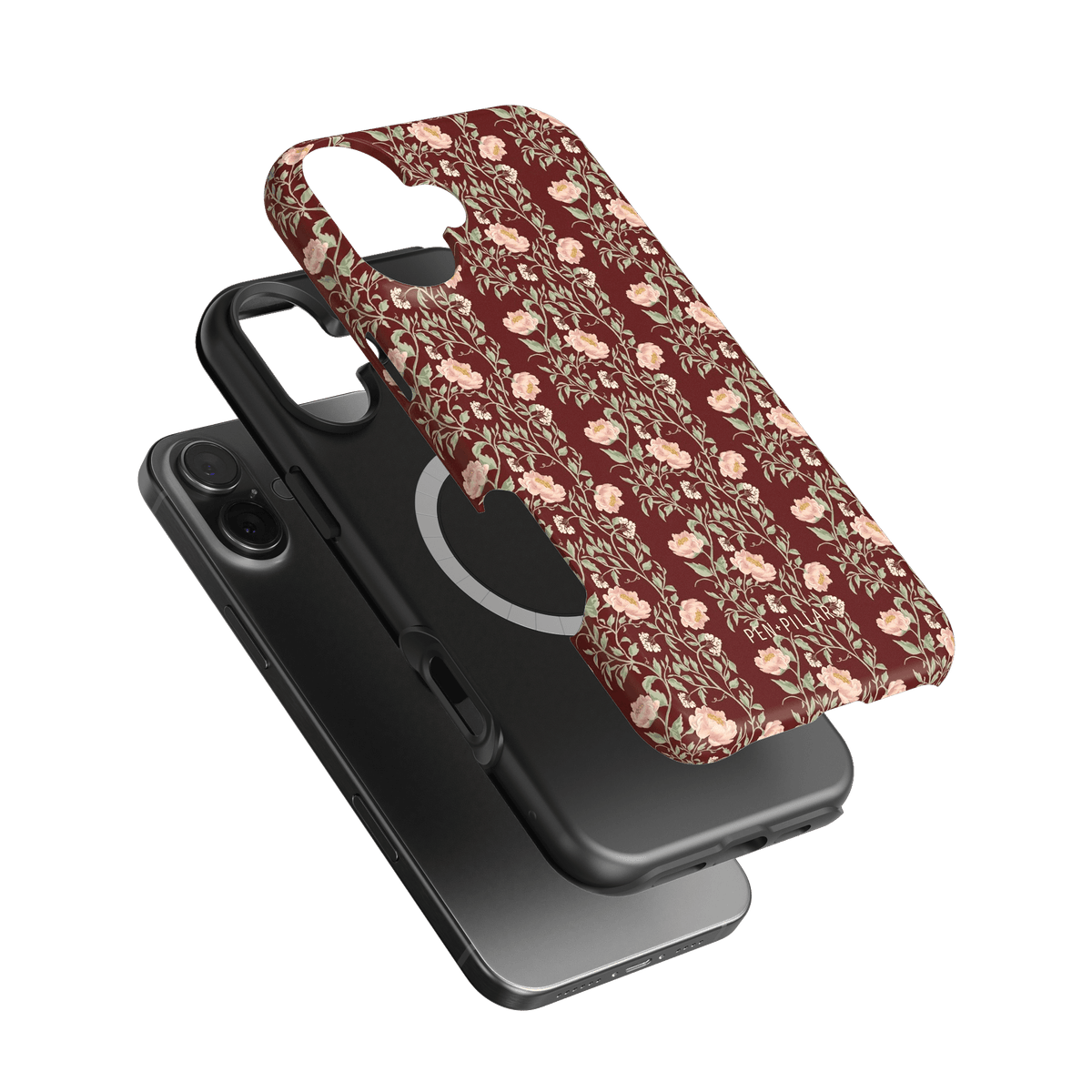 Thicket iPhone case featuring a floral pattern on a maroon background, layered over a black phone case.