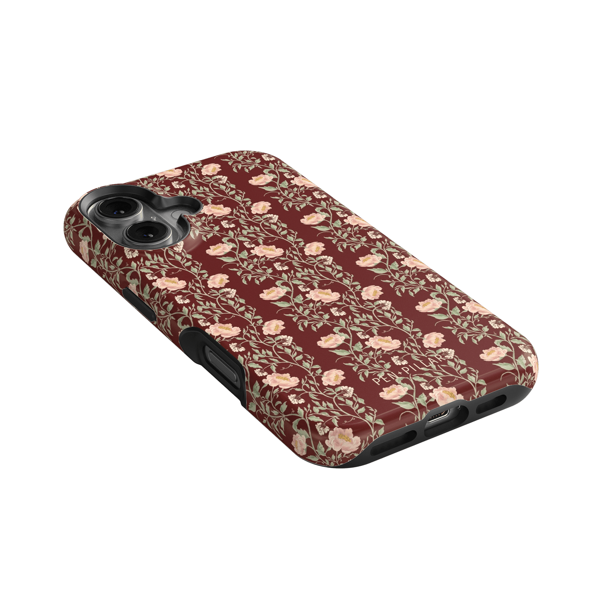 Thicket iPhone case featuring a floral pattern in shades of pink and burgundy on a black background.