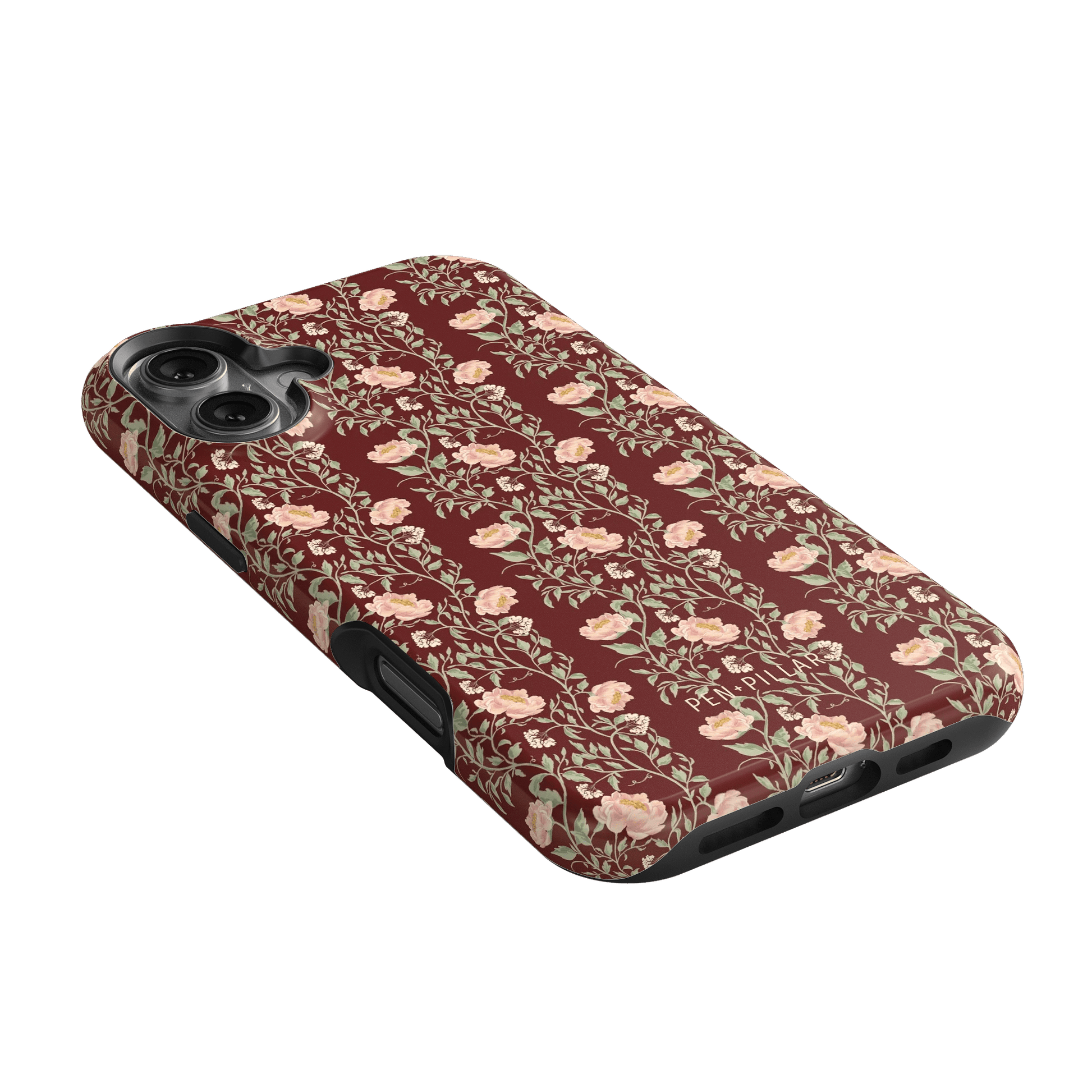 Thicket iPhone case featuring a maroon background with floral patterns in pink and green.