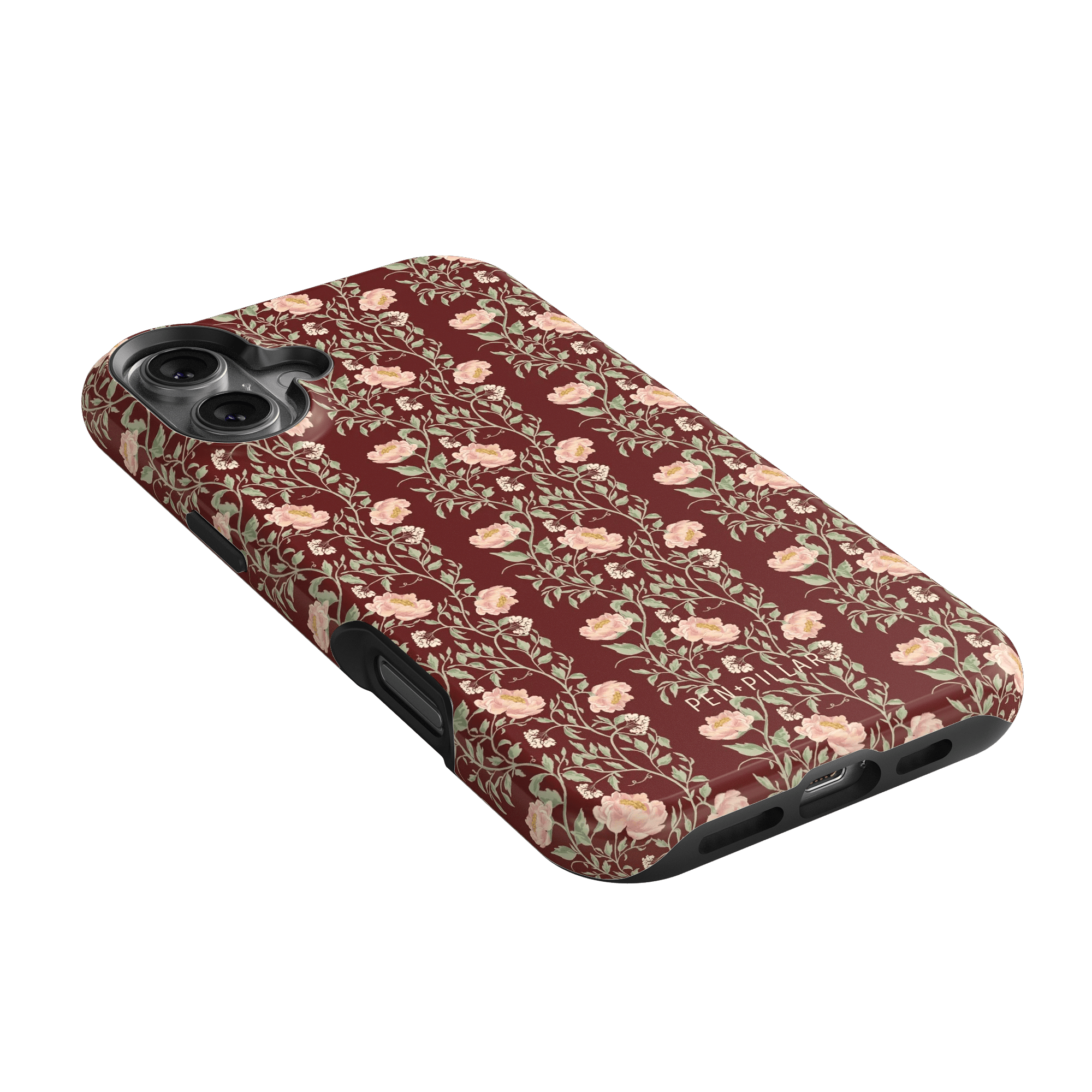 Thicket iPhone case featuring a maroon background with floral patterns in pink and green.