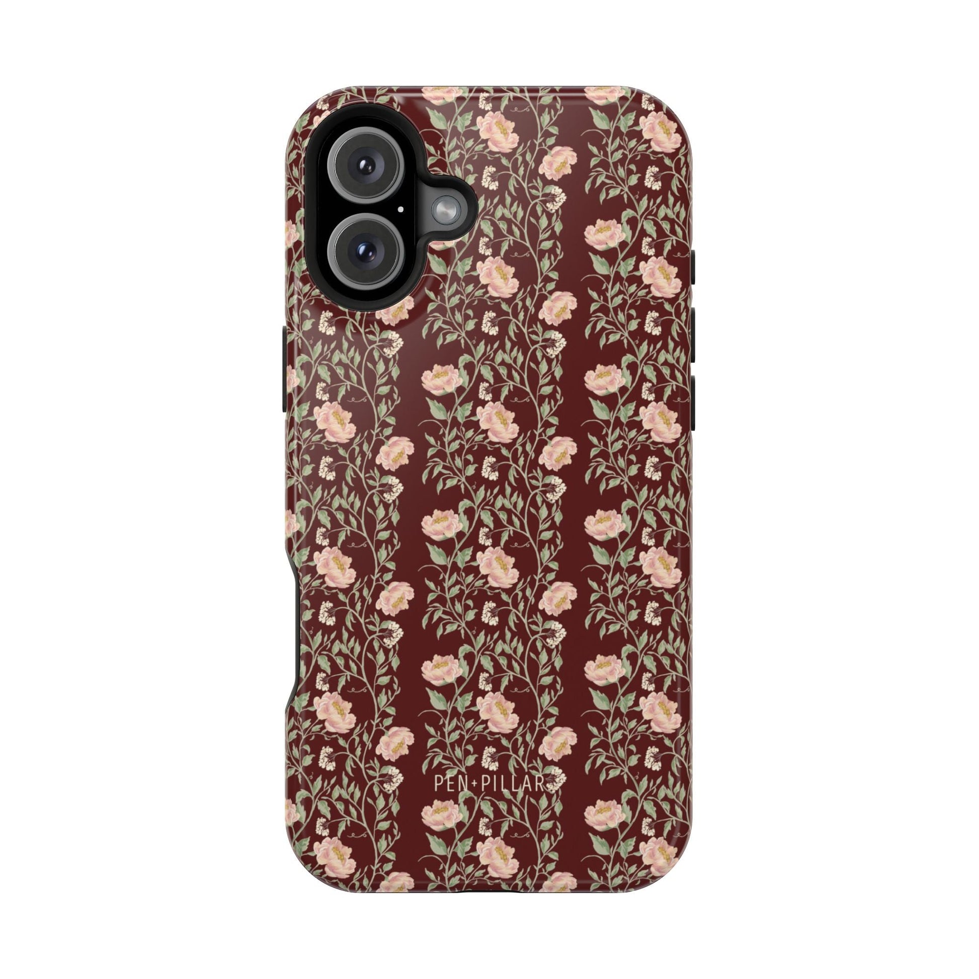 Thicket iPhone case featuring a floral pattern on a dark red background with a glossy finish.