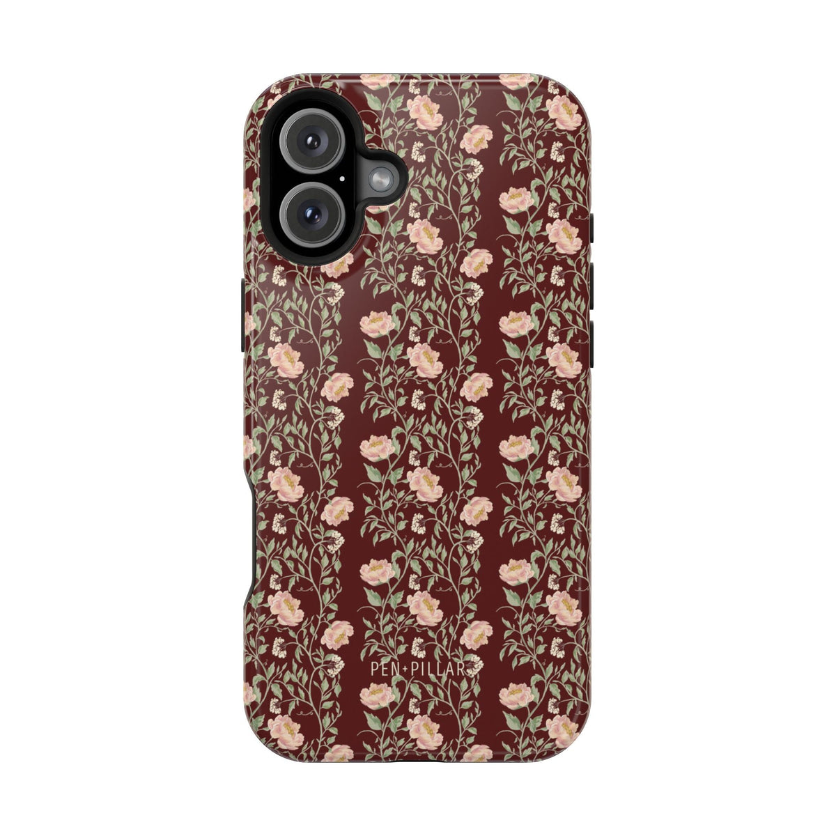 Thicket iPhone case featuring a floral pattern on a dark red background with a glossy finish.