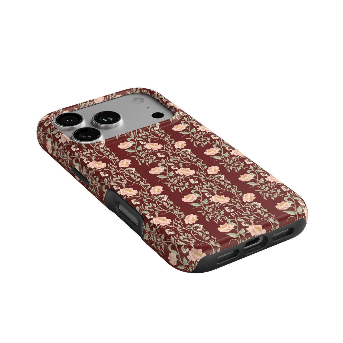 Thicket iPhone case featuring a floral pattern on a burgundy background, angled view showcasing camera cutout.