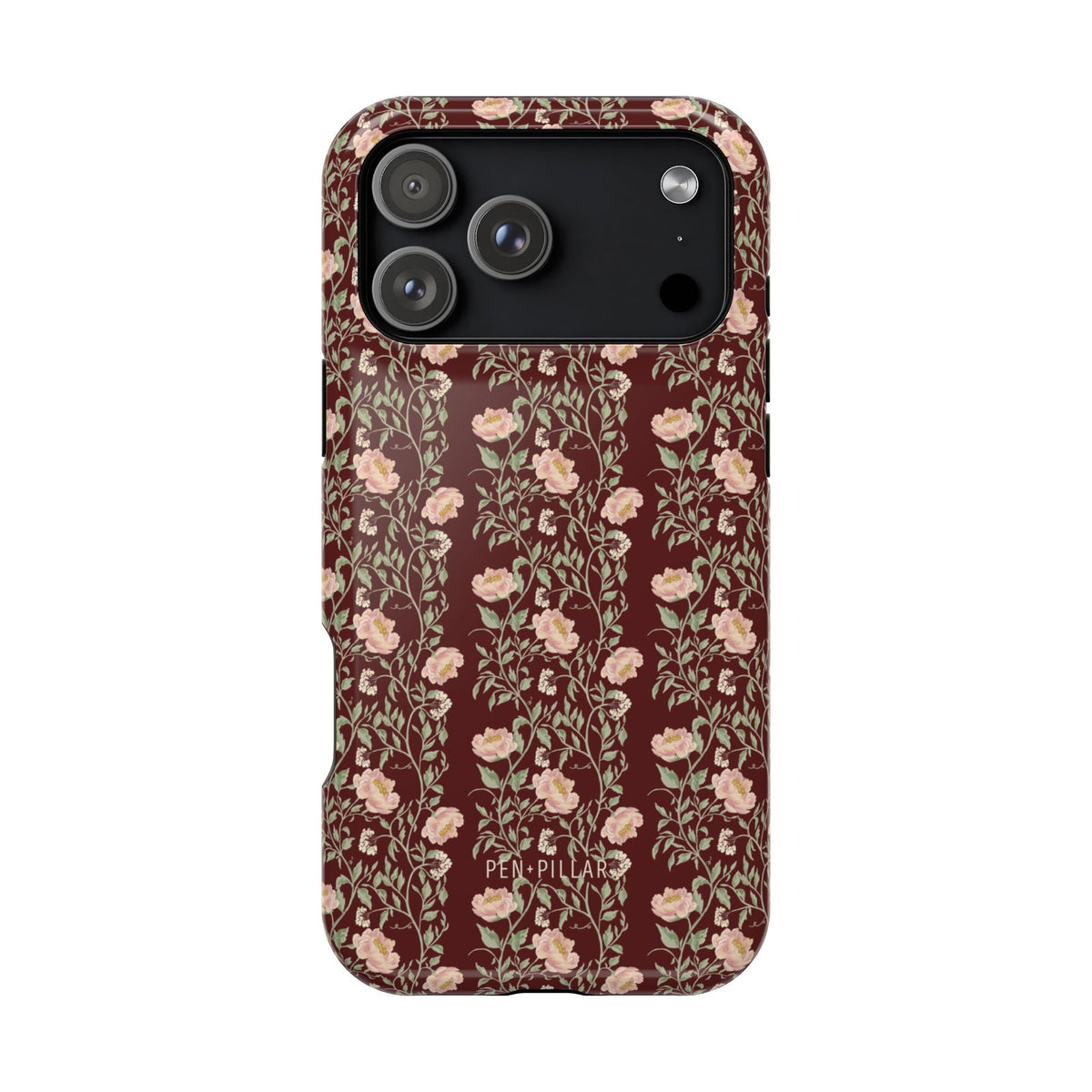 Thicket iPhone case featuring a floral pattern with pink flowers on a dark burgundy background.
