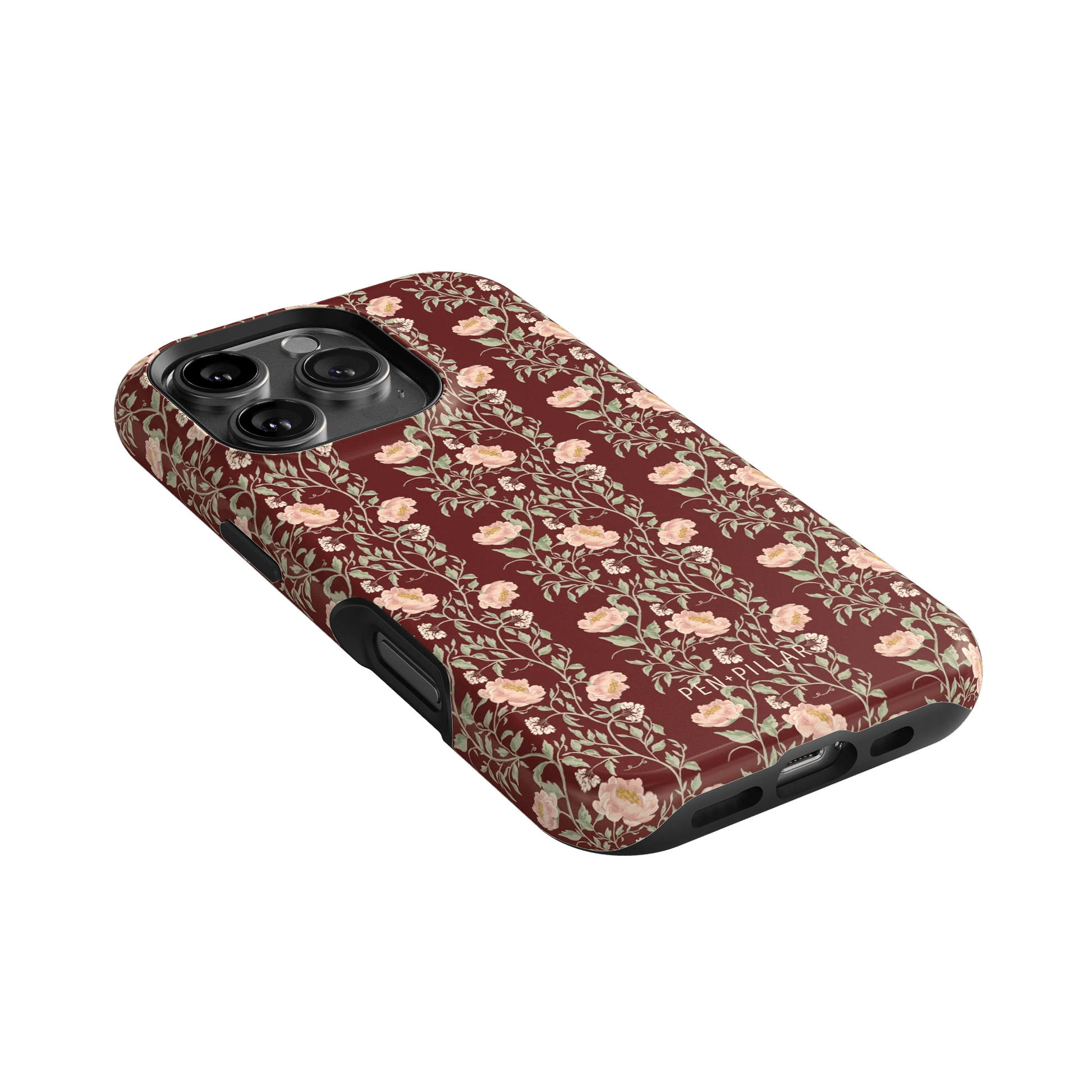 Thicket iPhone case featuring a floral pattern in shades of pink and burgundy on a black background.