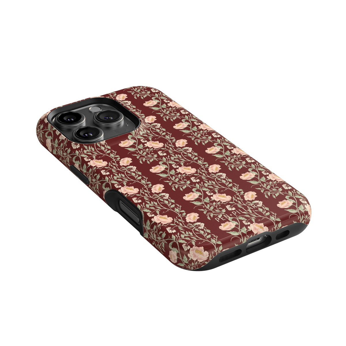 Thicket iPhone case featuring a floral pattern in shades of pink and burgundy on a black background.