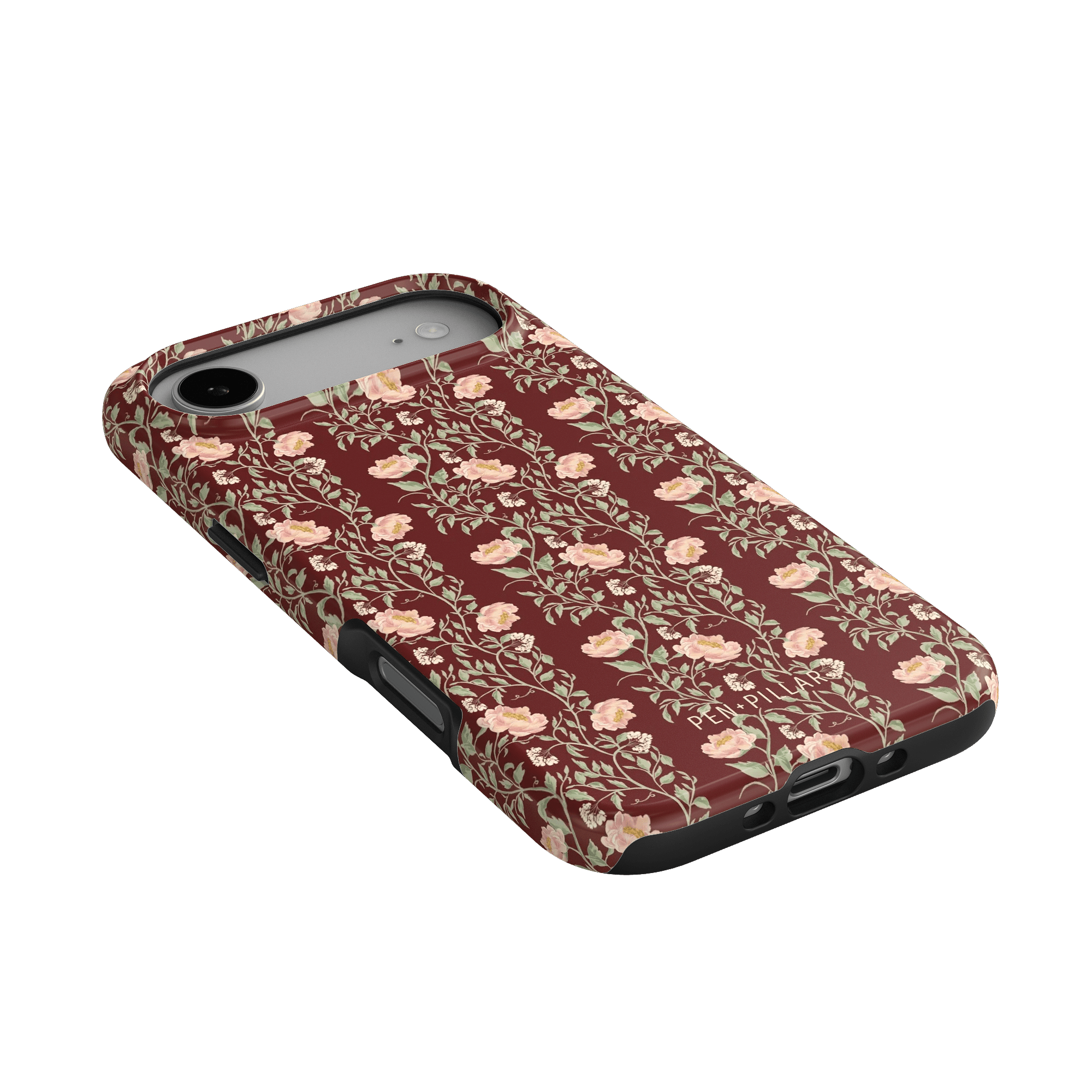 Thicket iPhone case featuring a maroon background with floral patterns and a textured finish.