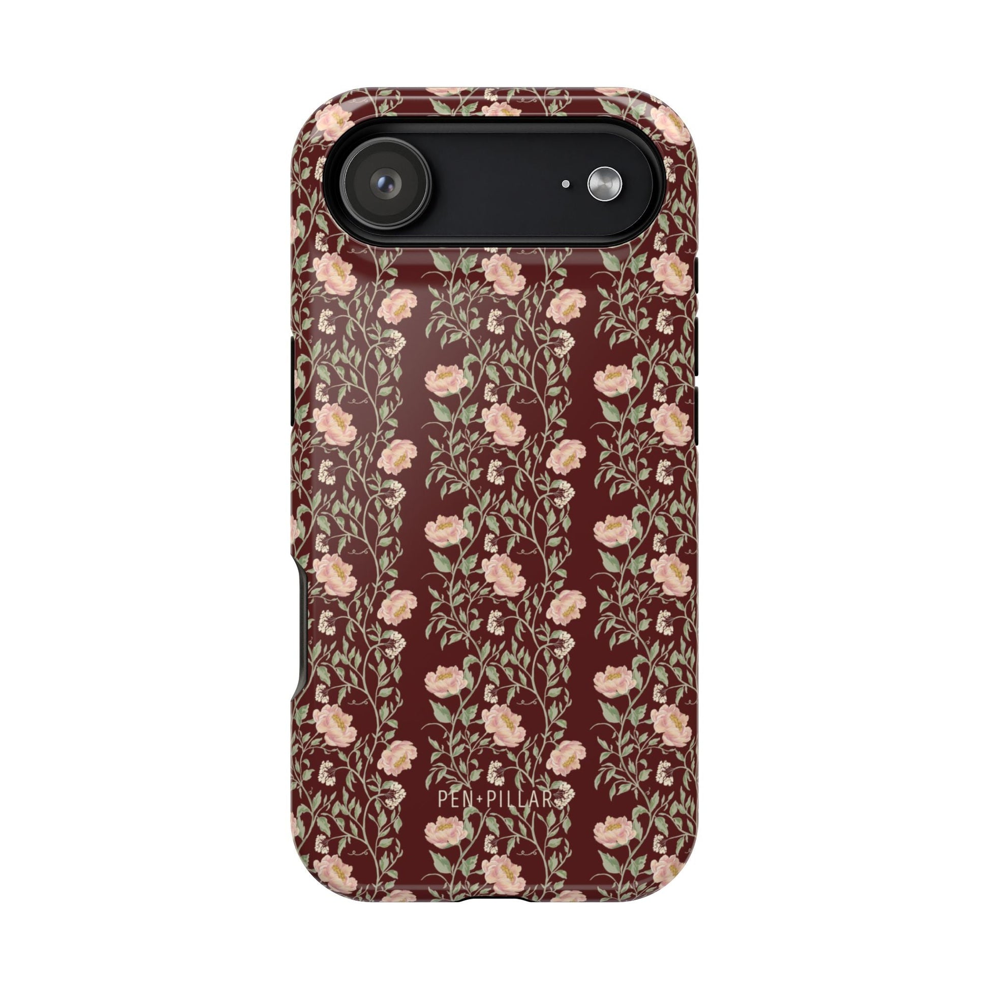 Thicket iPhone case featuring a floral pattern with pink flowers on a dark red background.