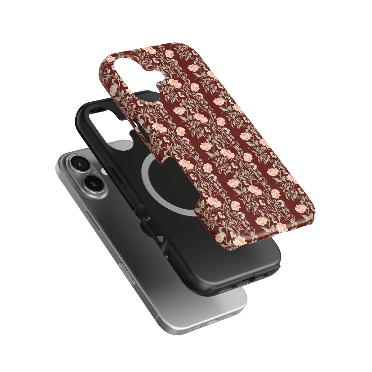 Thicket iPhone case featuring a floral pattern in burgundy and cream, layered over a black protective case.