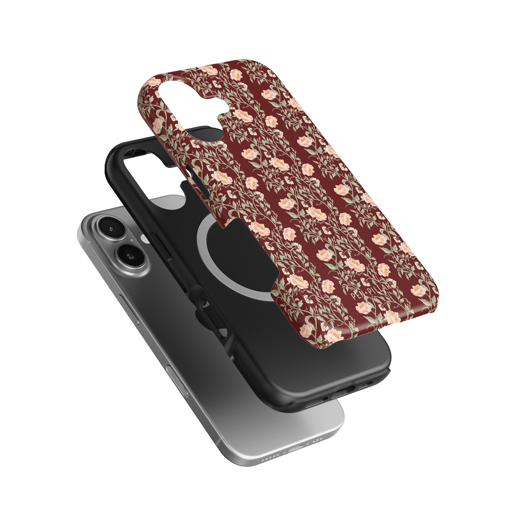 Thicket iPhone case featuring a floral pattern in burgundy and cream, layered over a black protective case.