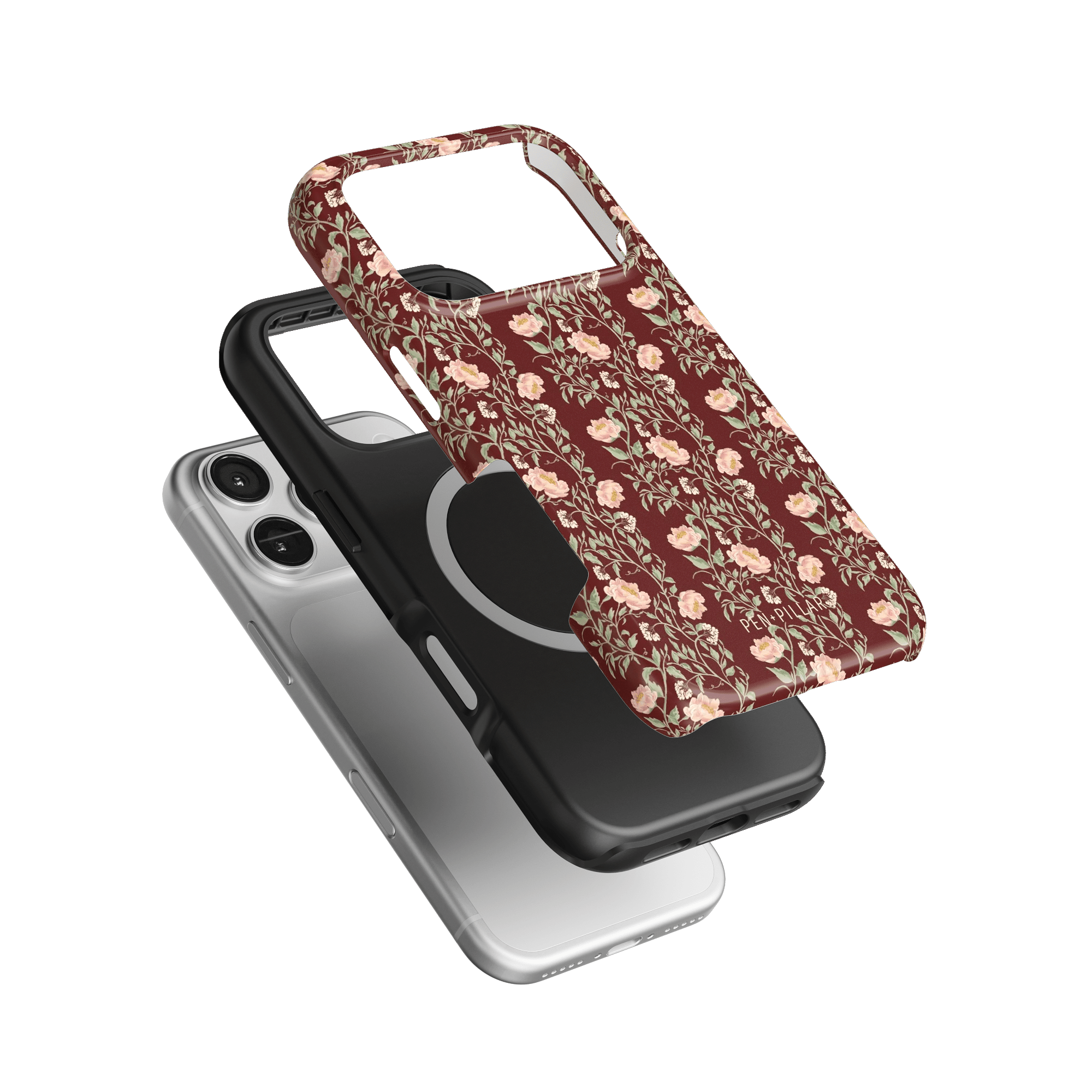 Thicket iPhone case featuring a floral design in burgundy, stacked over a black and a clear case.