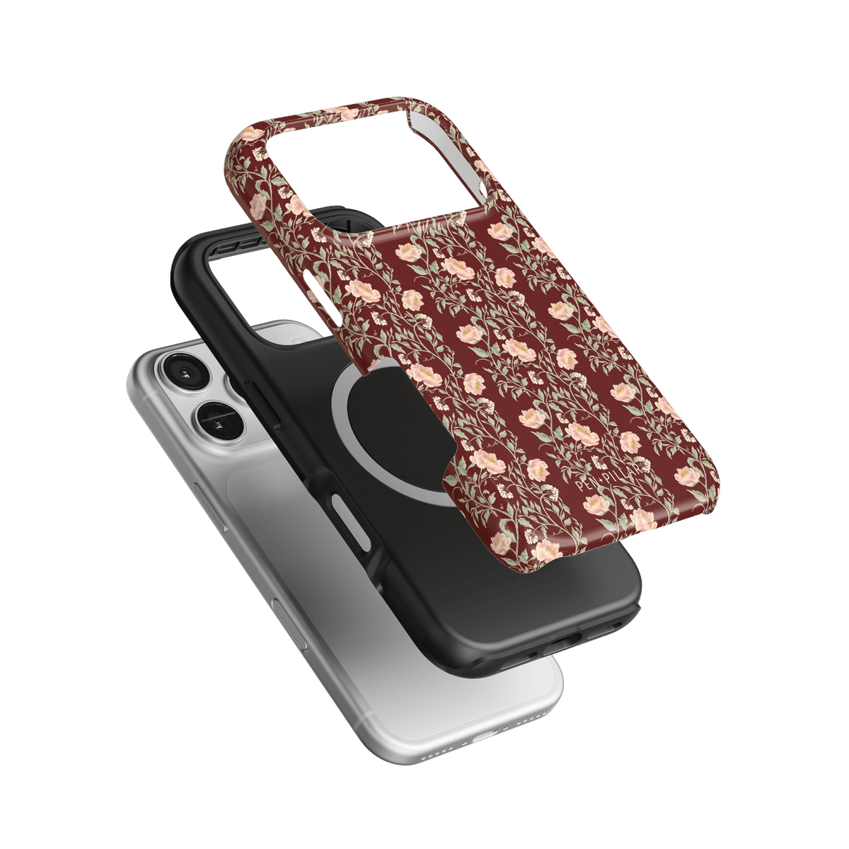 Thicket iPhone case featuring a floral design in burgundy, stacked over a black and a clear case.
