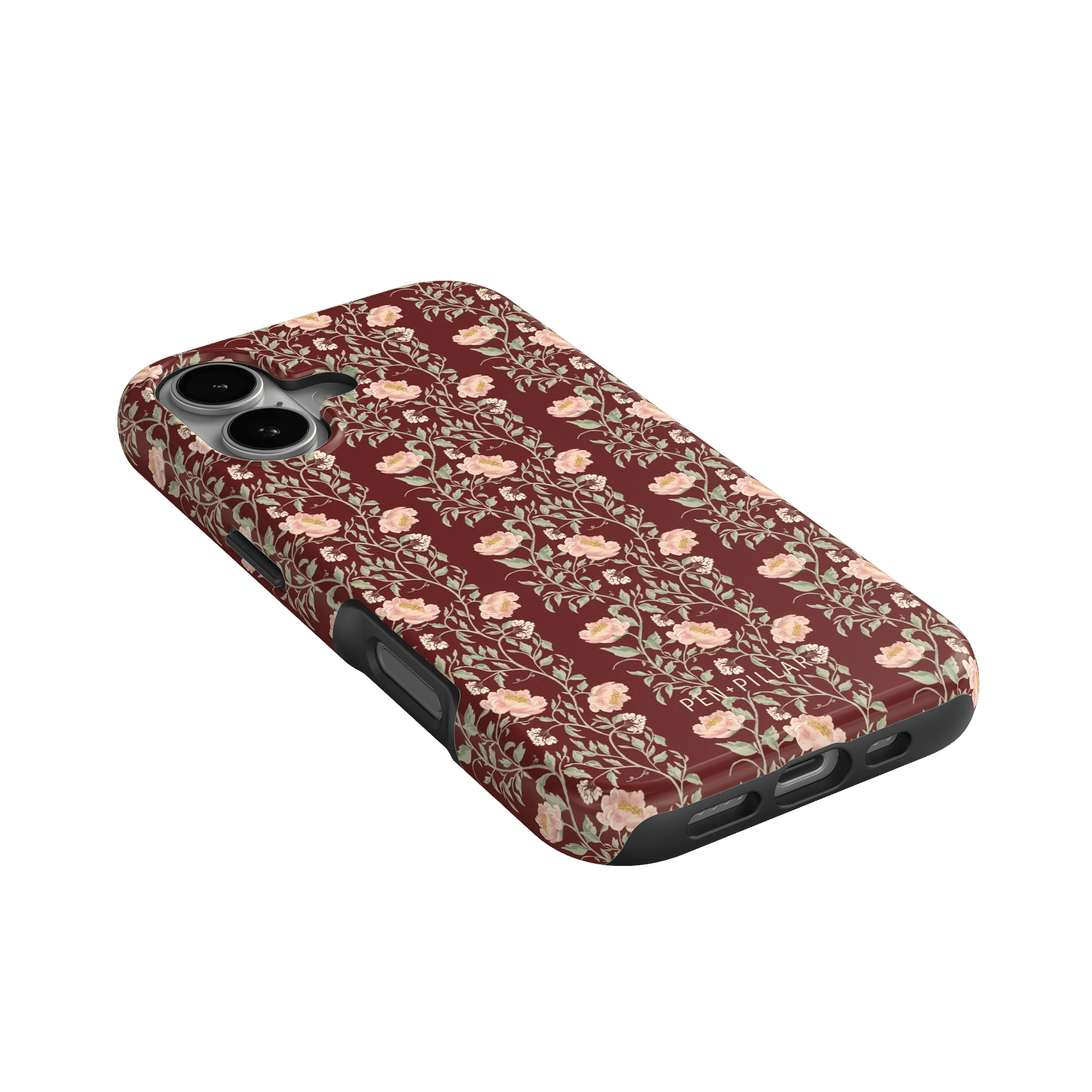 Thicket iPhone case featuring a floral pattern in shades of pink and cream on a dark maroon background.