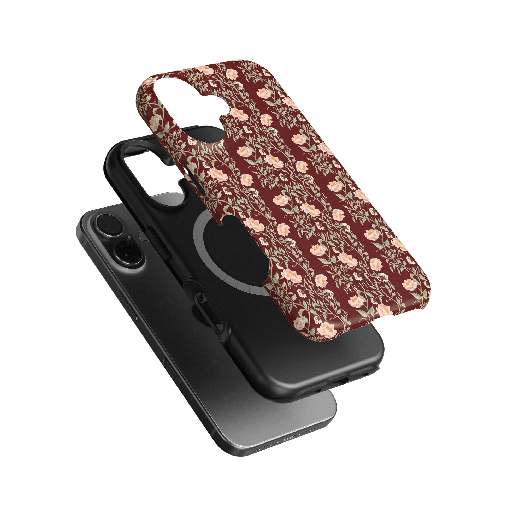 Thicket iPhone case featuring a floral design in burgundy and cream, layered over a black phone case.