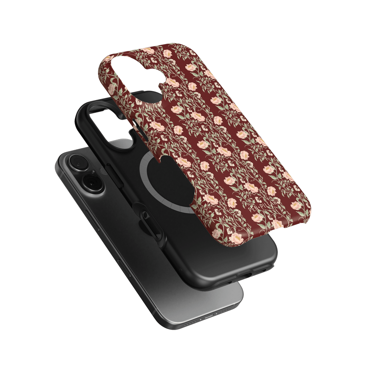 Thicket iPhone case featuring a floral design in burgundy and cream, layered over a black phone case.
