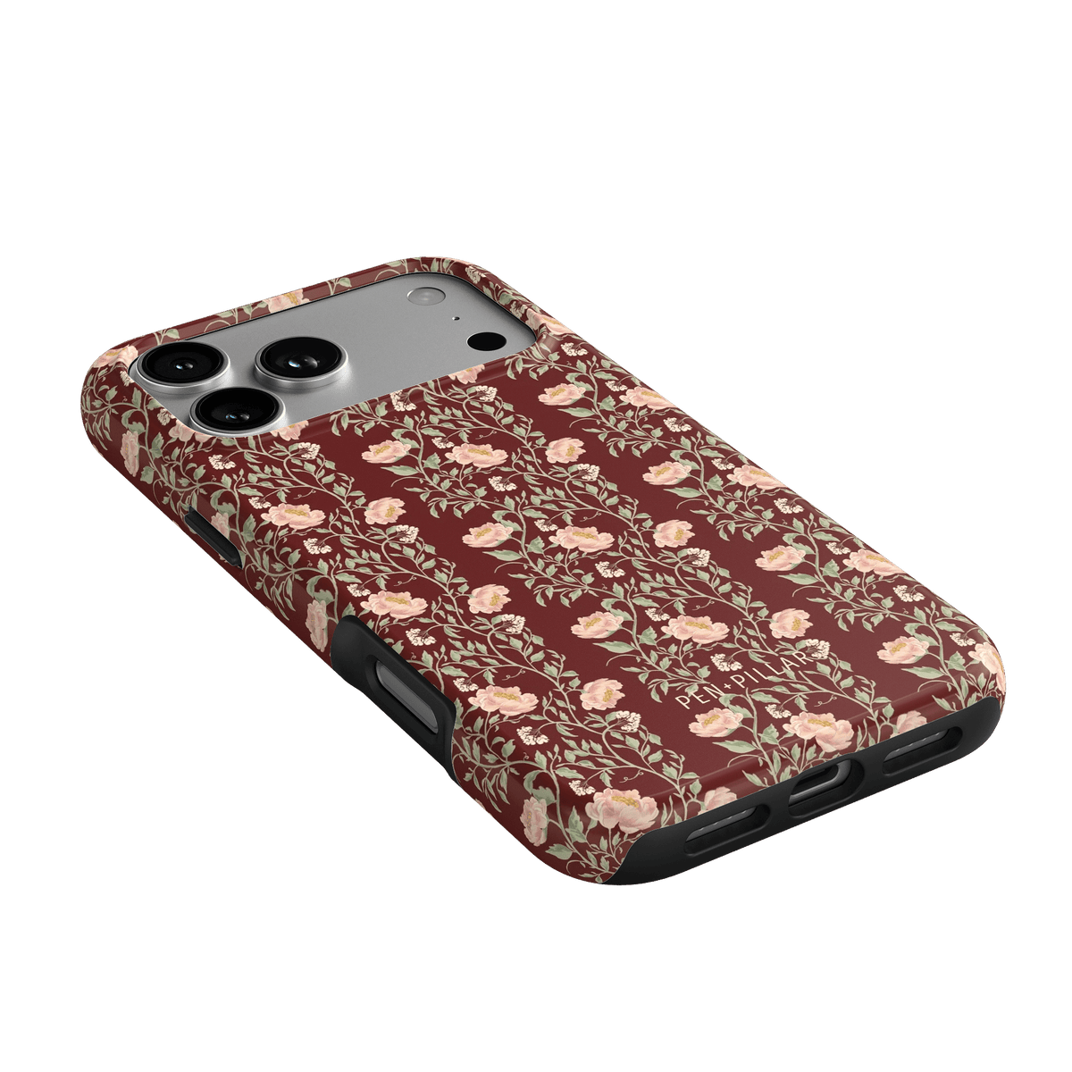 Thicket iPhone case featuring a floral pattern in shades of red and pink with a black border.