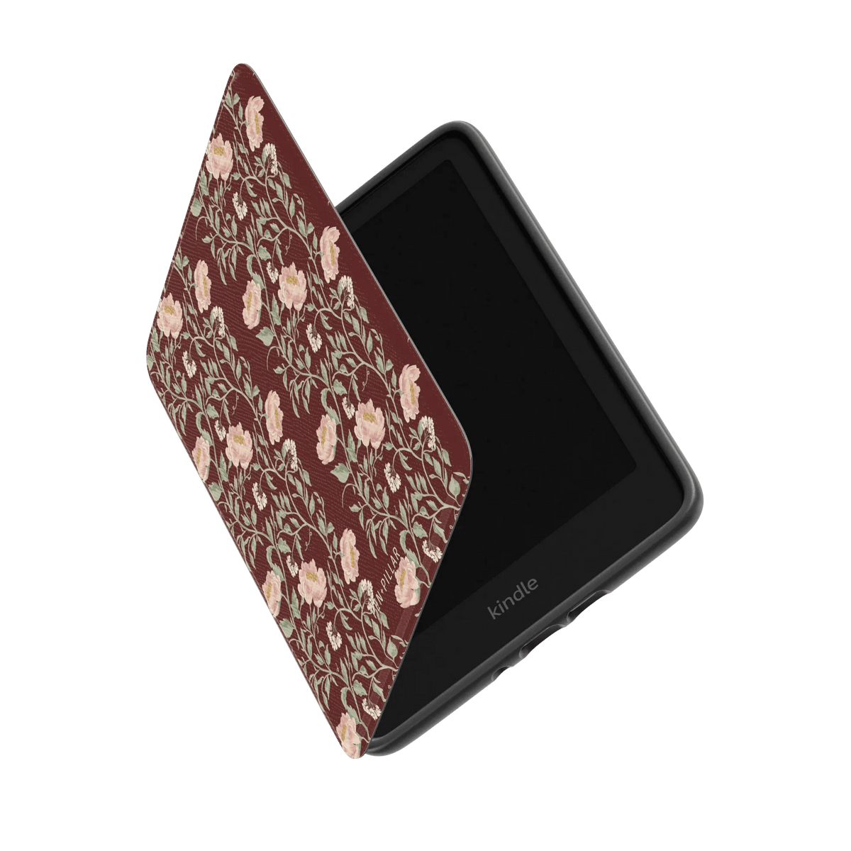 Thicket Kindle case with a floral pattern in shades of burgundy and cream, partially open to show the screen.