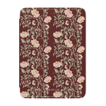 Thicket Kindle case featuring a floral pattern in pink and green on a burgundy background.