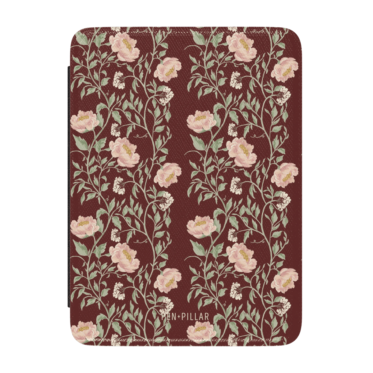 Thicket Kindle case featuring a floral pattern in pink and green on a burgundy background.