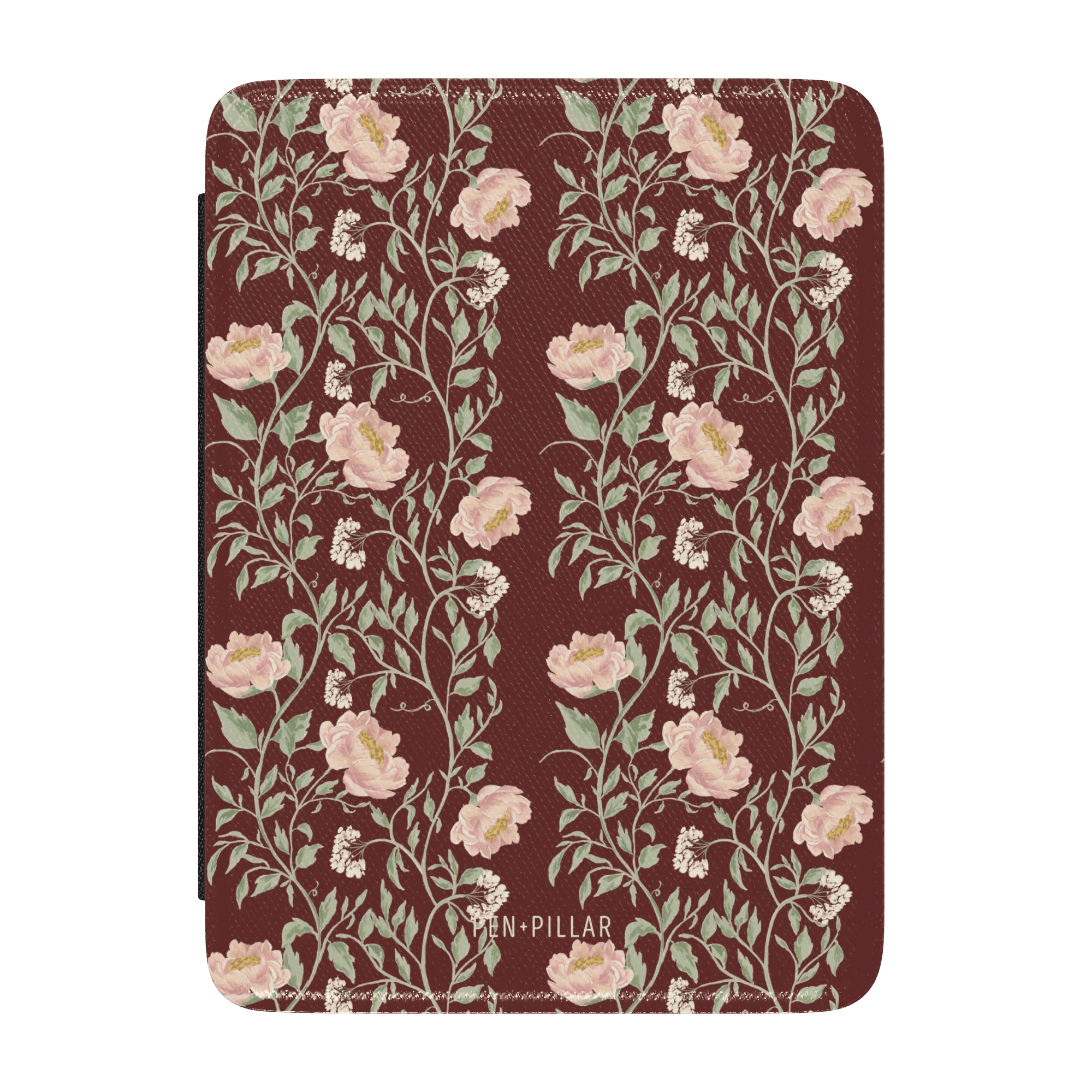 Thicket Kindle case featuring a floral pattern in pink and green on a burgundy background.