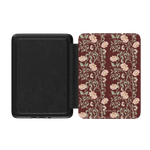 Thicket Kindle case with floral design in pink and green on a maroon background, featuring a black interior.