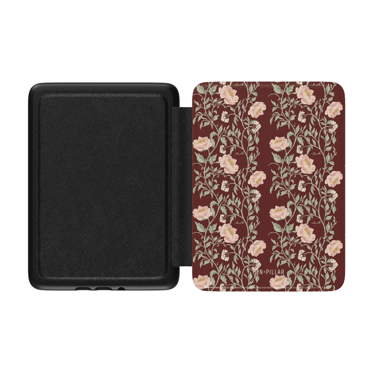 Thicket Kindle case with floral design in pink and green on a maroon background, featuring a black interior.
