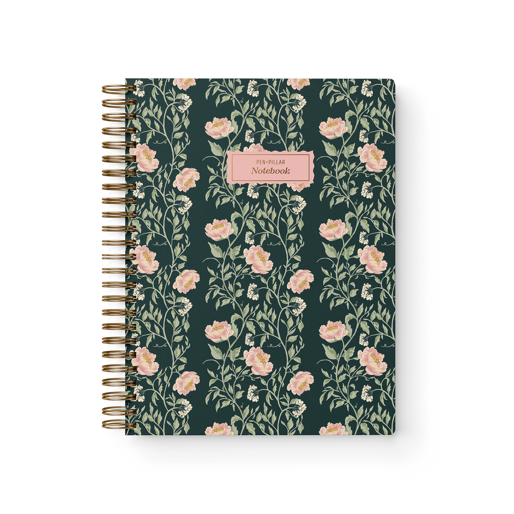 Thicket Notebook with a floral design featuring pink flowers on a dark green background and a gold spiral binding.