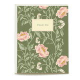 Thicket thank you card featuring pink flowers on a green background with a cream label that says "Thank You.