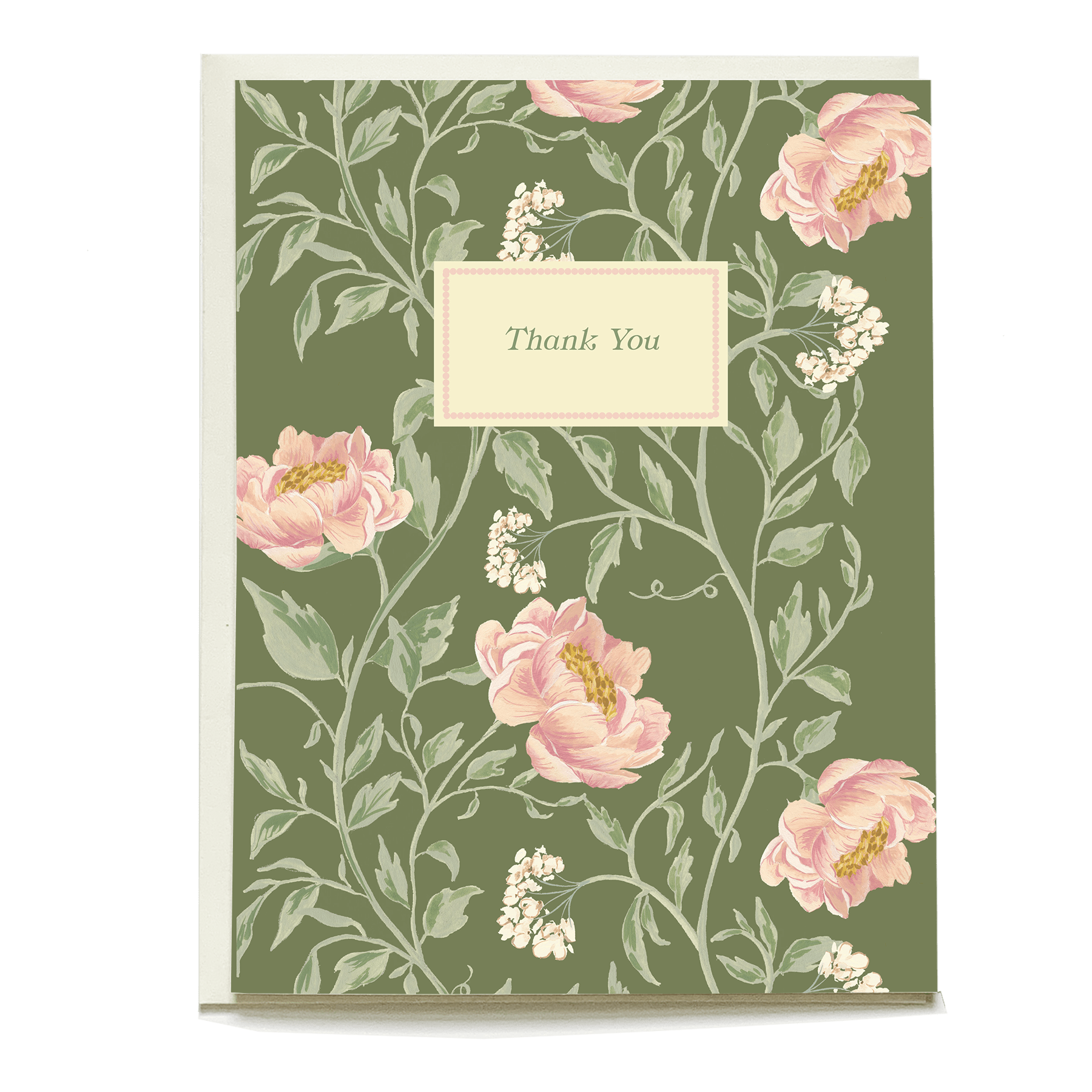 Thicket thank you card featuring pink flowers on a green background with a cream label that says "Thank You.