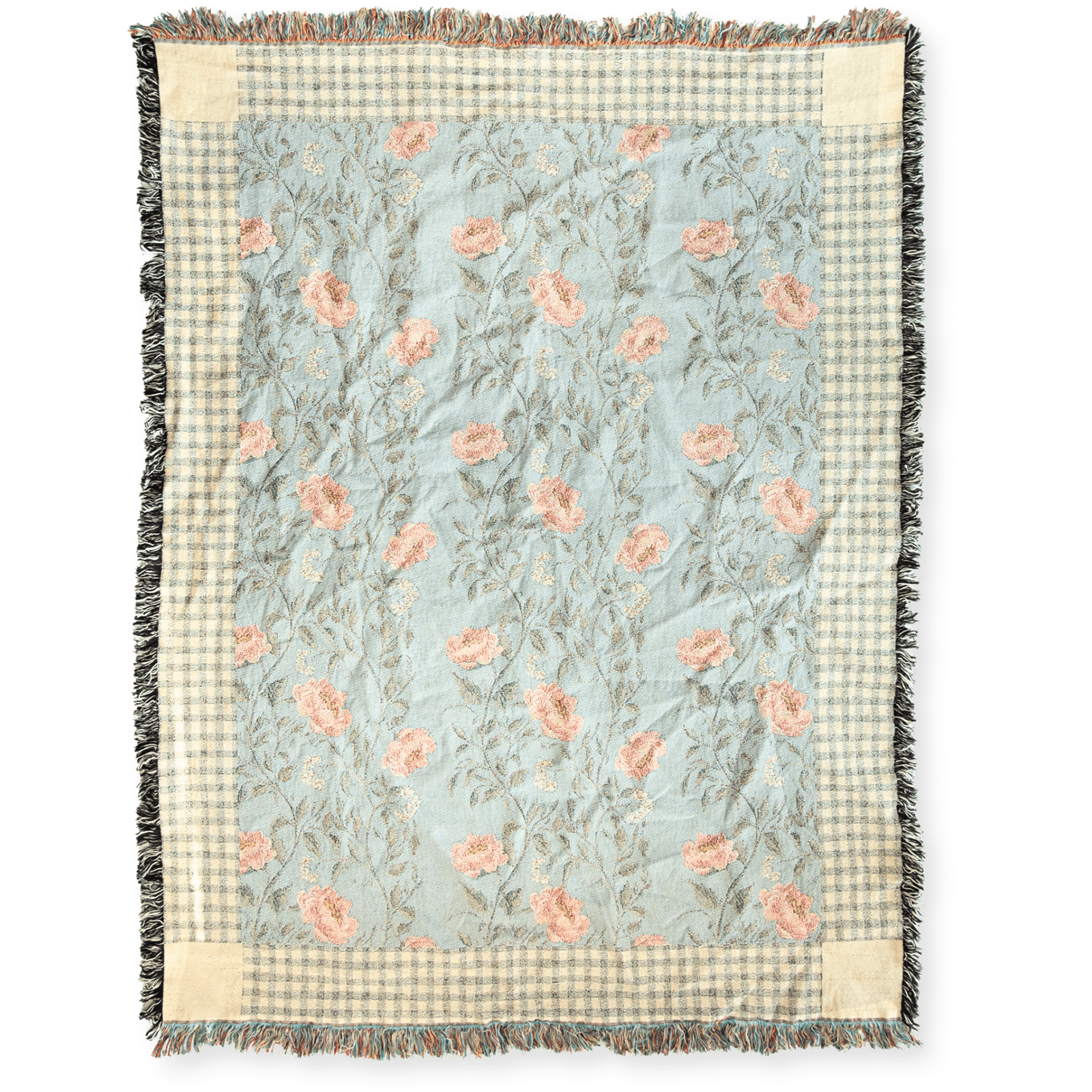 Thicket woven blanket featuring a floral pattern in soft pink and green on a light blue background with fringed edges.