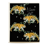 Tiger vines thank you card featuring three tigers among green leaves and white flowers on a black background.