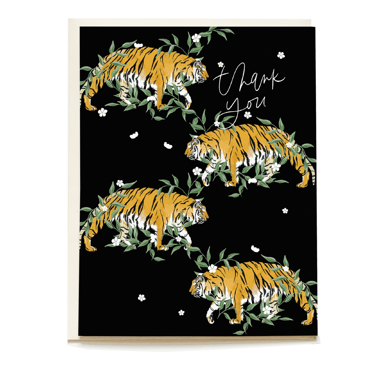 Tiger vines thank you card featuring three tigers among green leaves and white flowers on a black background.